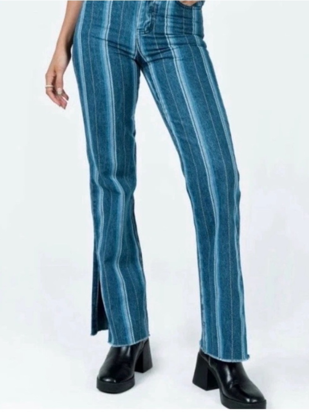 Blue Vertical-Stripe High-Rise Flare Jeans with Front Slit